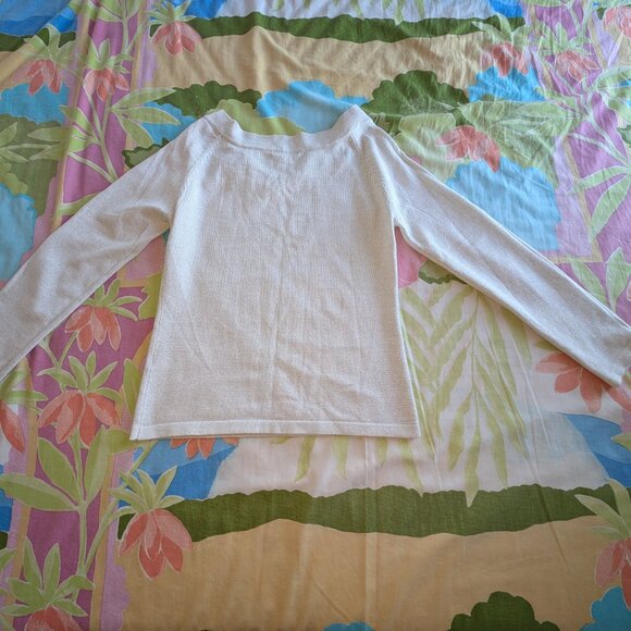 Debbiie & Morgan Metallic Silver woven Acrylic White Sz M Off Shoulder Sweater - Picture 11 of 14